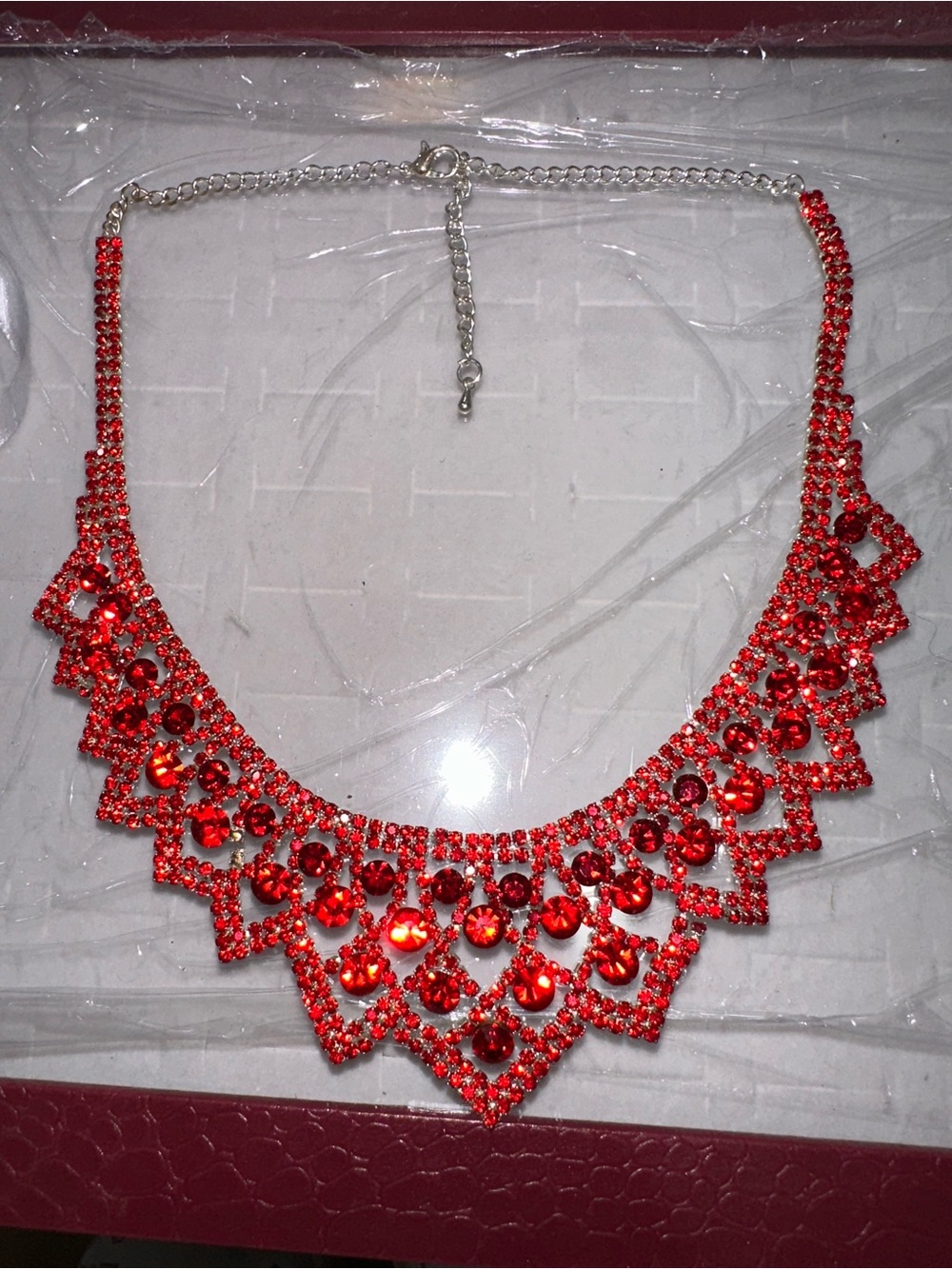 Vintage Red Rhinestone Statement Necklace Costume Jewelry